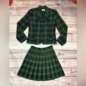 American Vintage Green Plaid Skirt + Blazer Set